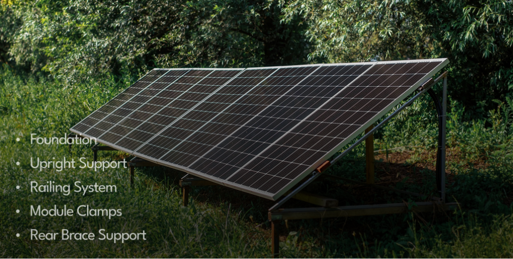 Five components of a ground-mount-racking-system supporting solar panels in a natural setting.