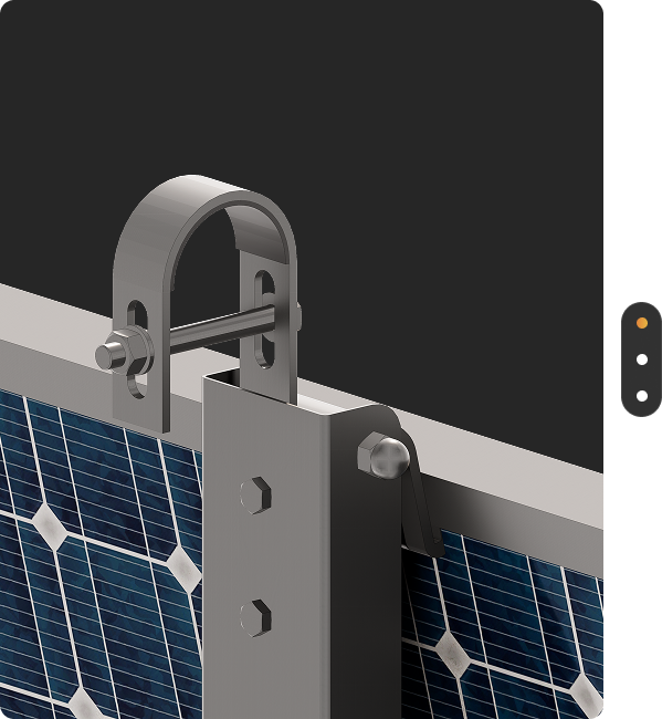 Close-up of a solar panel secured by metallic U-bolt clamps and brackets, showing blue photovoltaic cells.