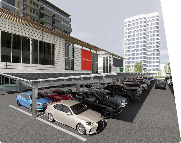 Parking lot with solar panel carports over cars, in front of a commercial building and a tall high-rise.
