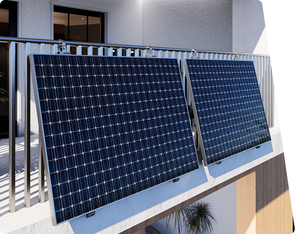 Two dark blue solar panels mounted on a modern apartment balcony railing.