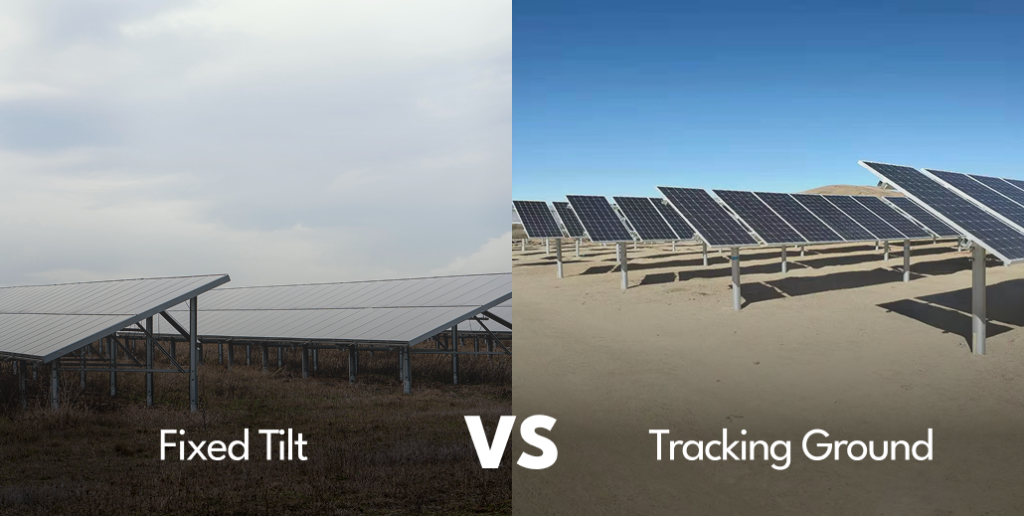 Side-by-side comparison of fixed-tilt solar panels under cloudy sky and tracking ground solar panels under blue sky.