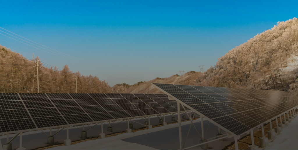 Ground-mounted solar panels in a snowy, mountainous landscape with frosted trees and clear blue sky.
