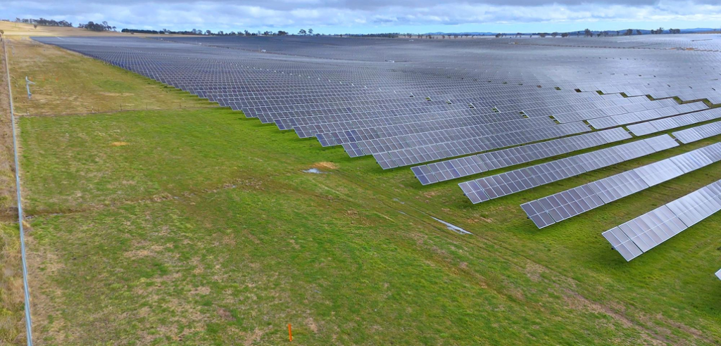 Rows of blue solar panels angled across a wide green grassy field under a cloudy, overcast sky.