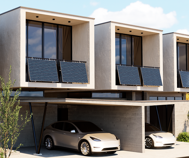 Modern townhouses with solar panels on balconies, and cars parked in shaded carports.