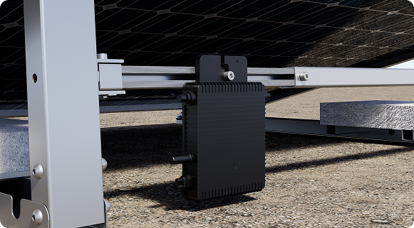 A black, finned electronic device is securely mounted to silver rails underneath a dark solar panel.