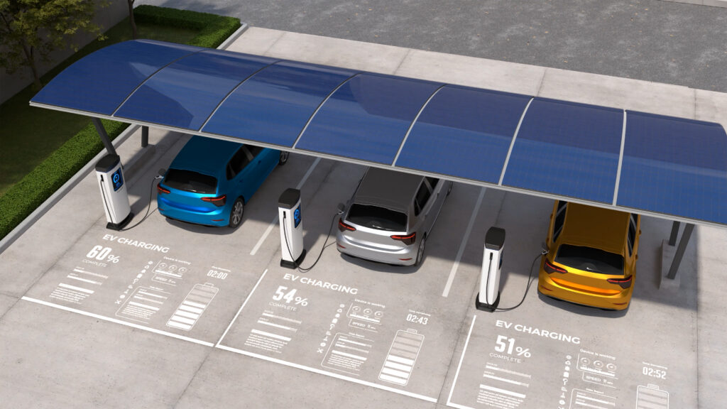 A multi-bay solar carport with ev charging stations