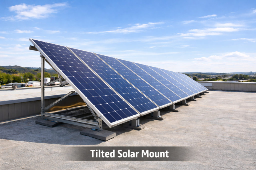 Tilt solar panel mount at the top of a flat roof
