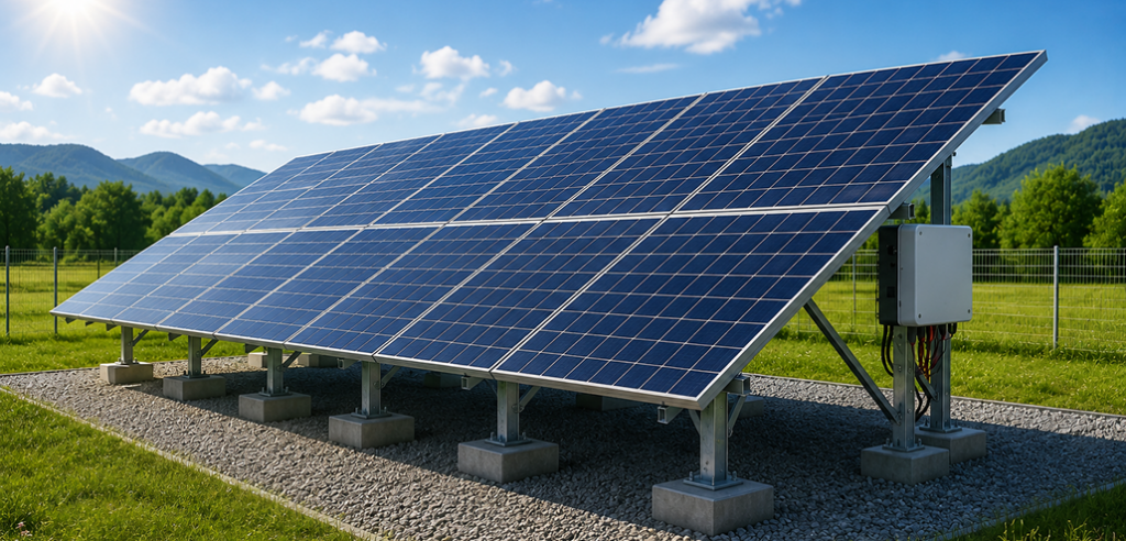 NOVA Ground Mount System installation in an open field or rural setting, panels tilted toward south