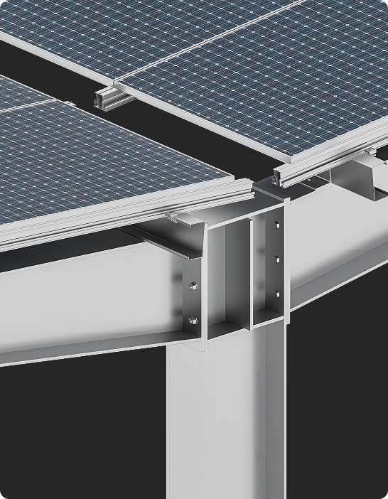 Close-up of solar panels mounted on a silver metal structural framework, showing beams and a support column.