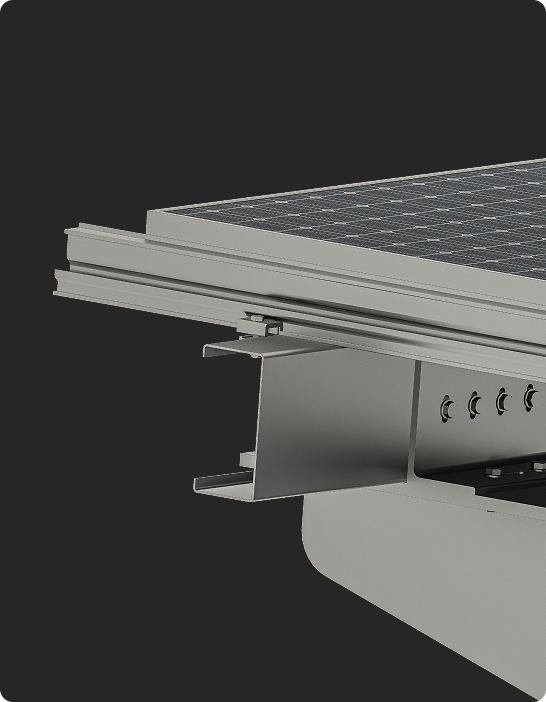 Close-up of a solar panel mounted on a silver metallic racking system with visible support beams.
