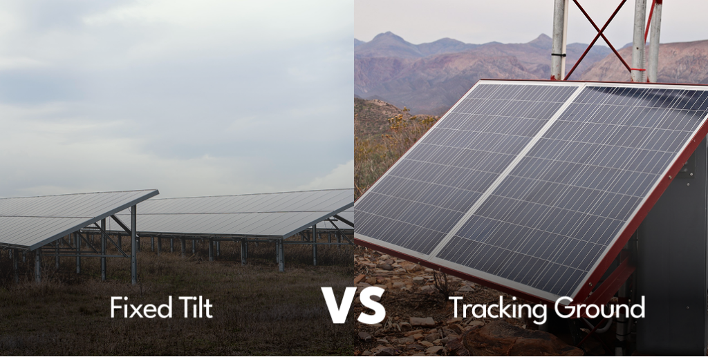 Split image shows fixed-tilt solar panels in a field and tracking ground-mount solar panels in rocky terrain.